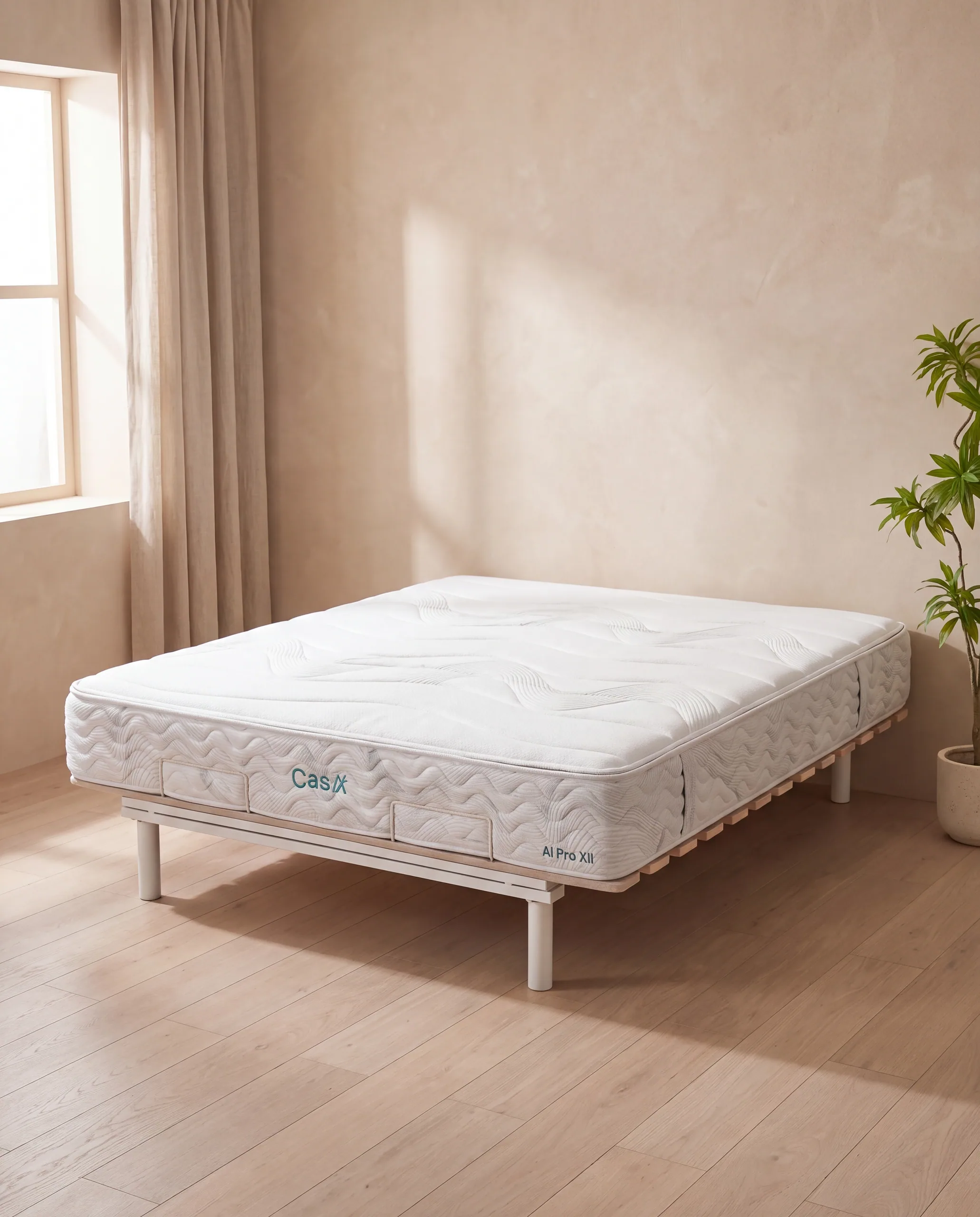 The AI Pro XII mattress, bare, seen from a three-quarter front angle on a low timber base in a beige room with a plant at the right.