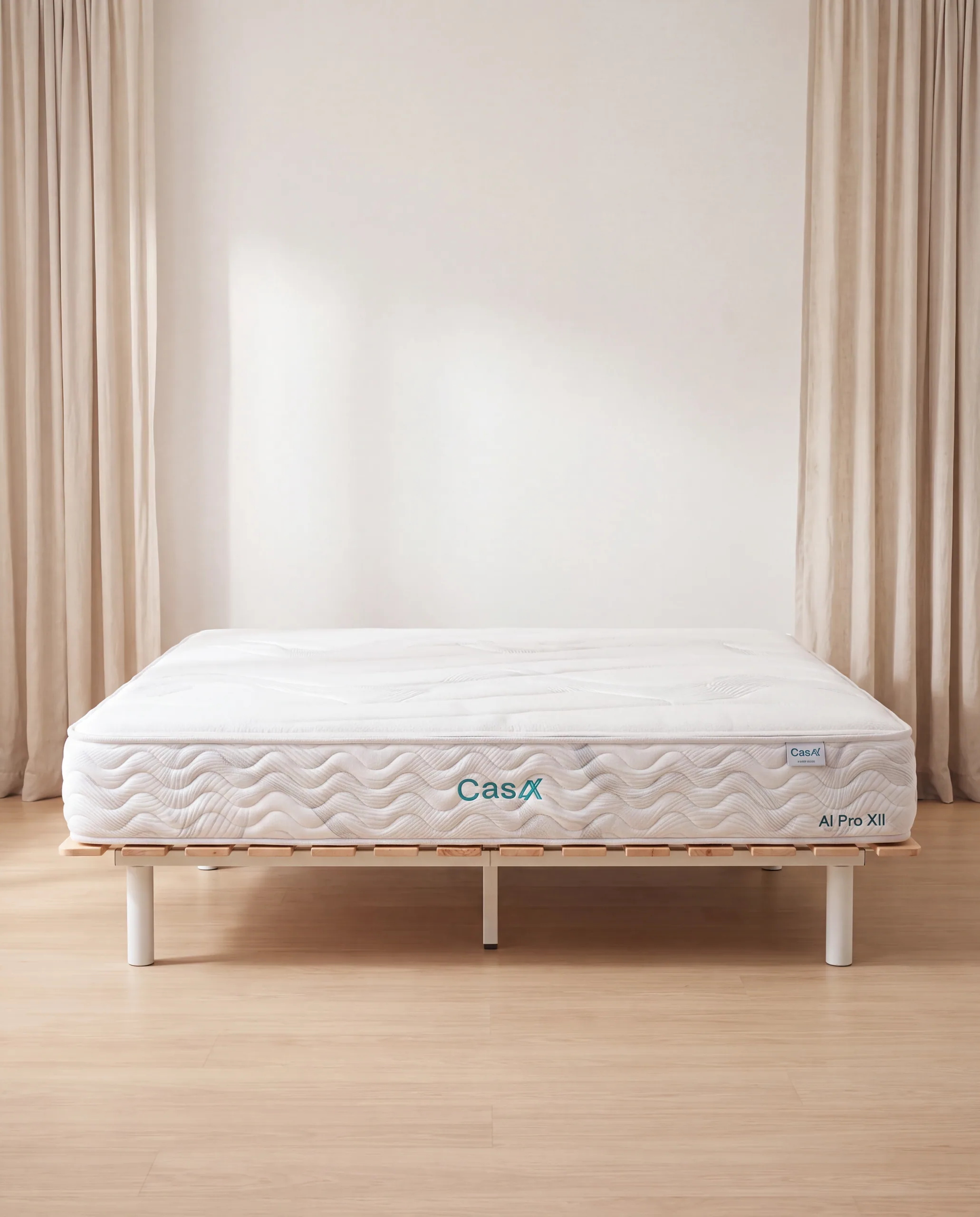 The AI Pro XII mattress seen straight on from the side, showing its full height and the woven CasAI mark on the side band.