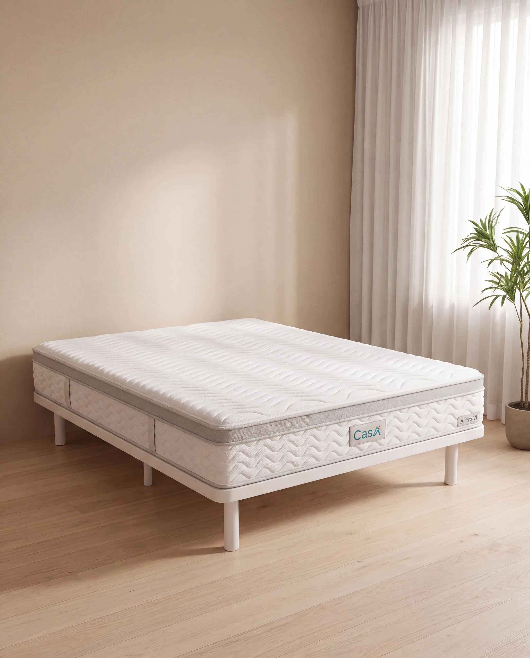 The AI Pro VI mattress, bare, on a low timber base in a beige room.