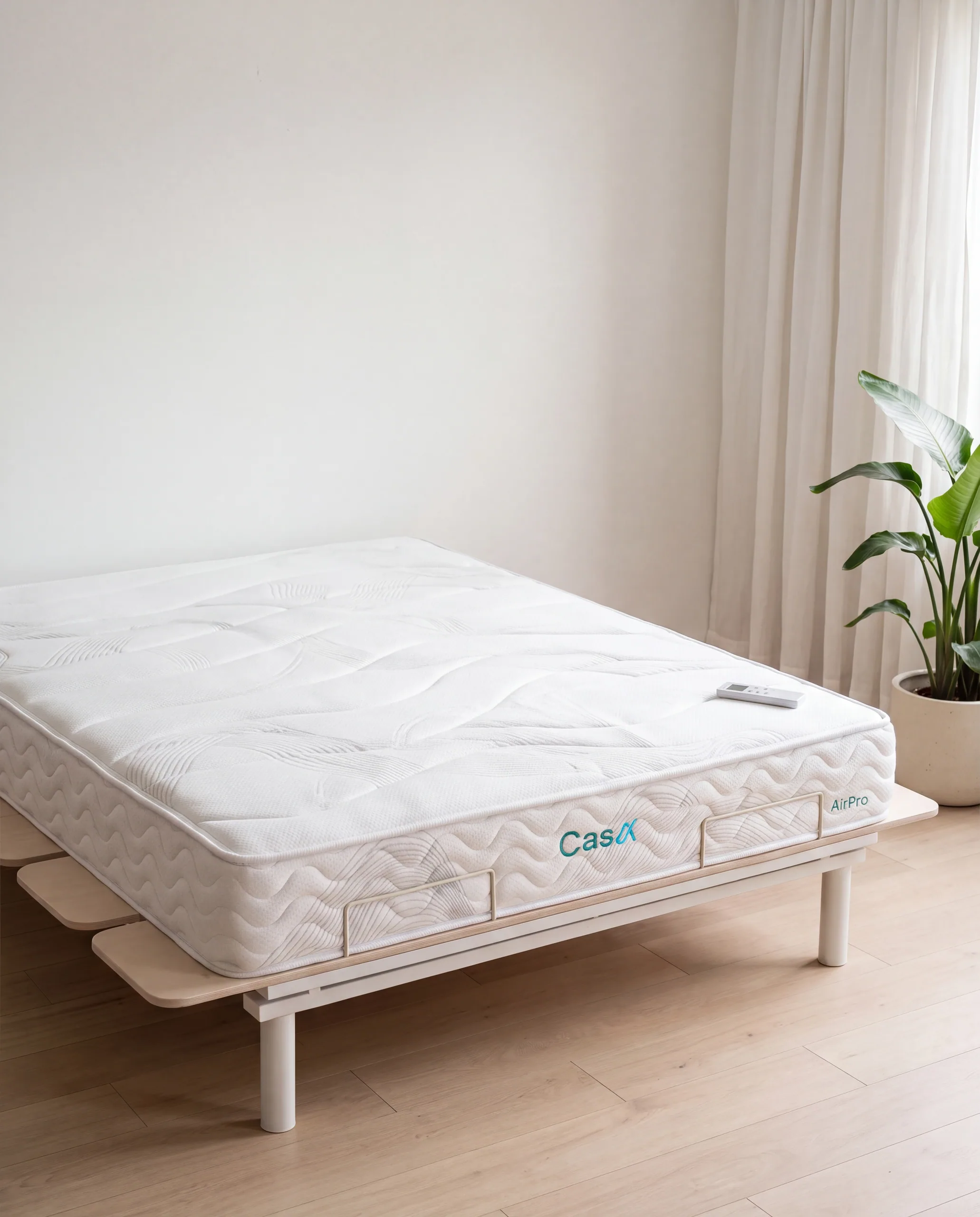 The AirPro mattress, bare, with a slim white remote resting on the foot corner.