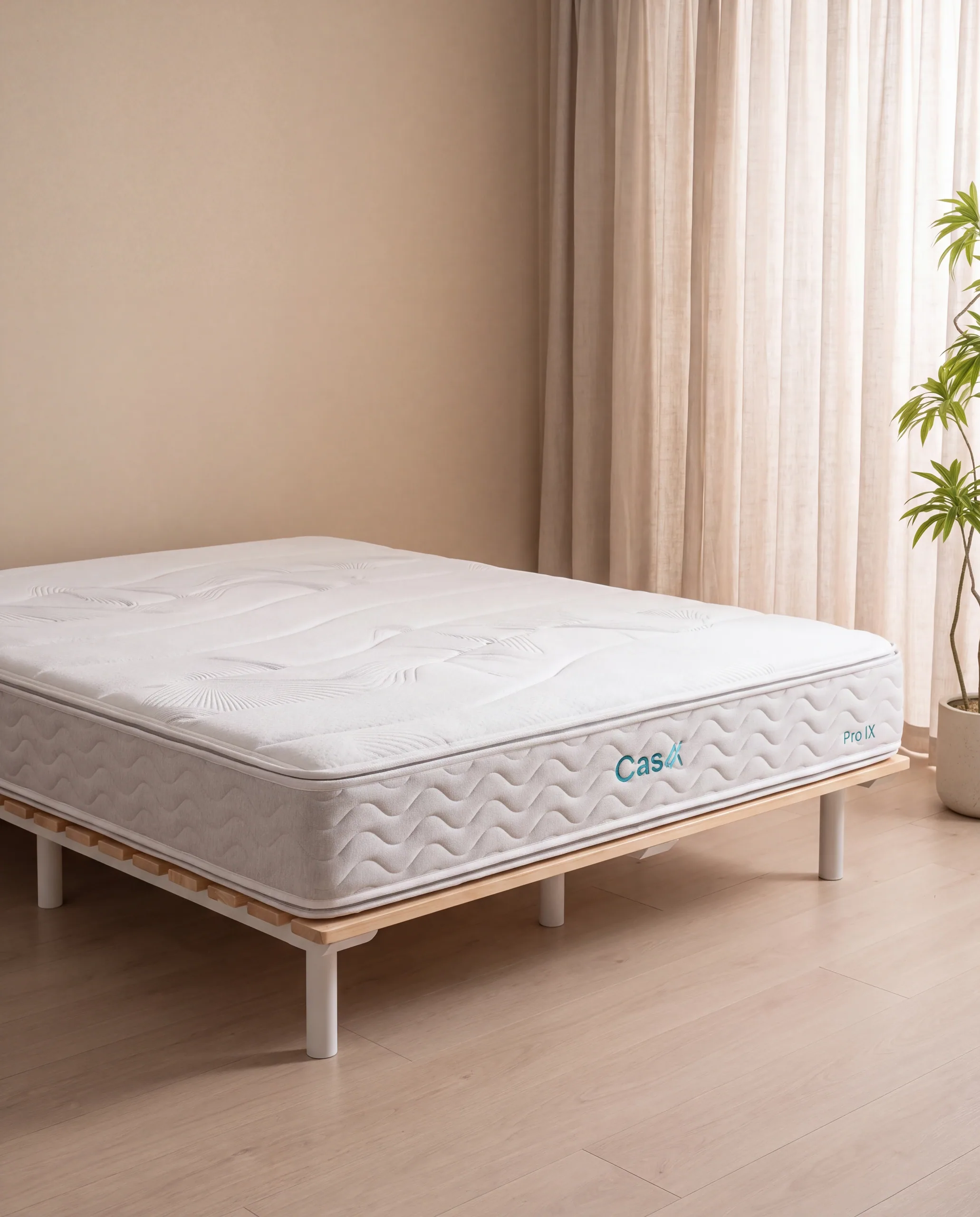 The Pro IX spring mattress, taller than the others, with a clean white quilt.