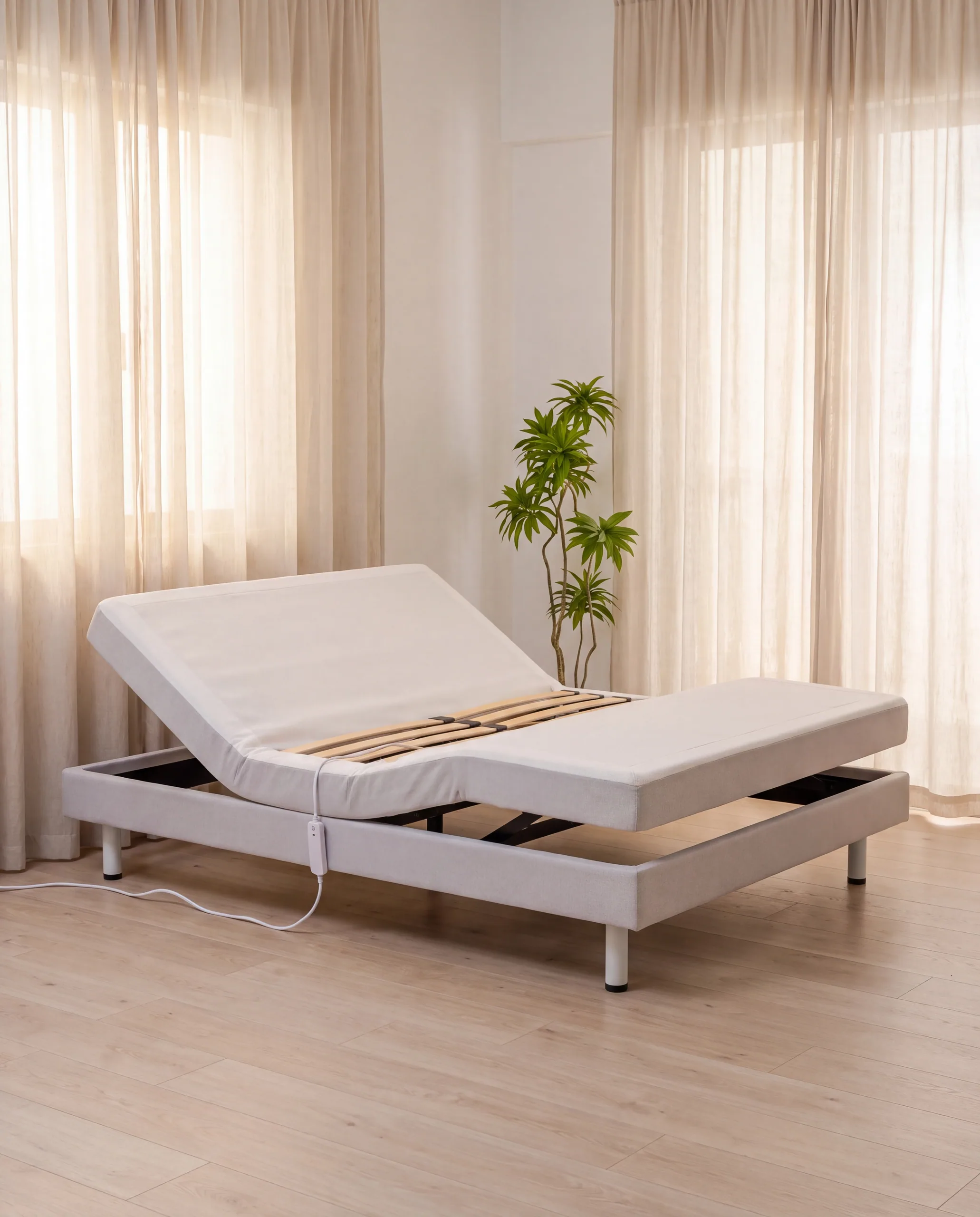 A white SyncBase electric bed raised to a reading position, with no mattress on it.