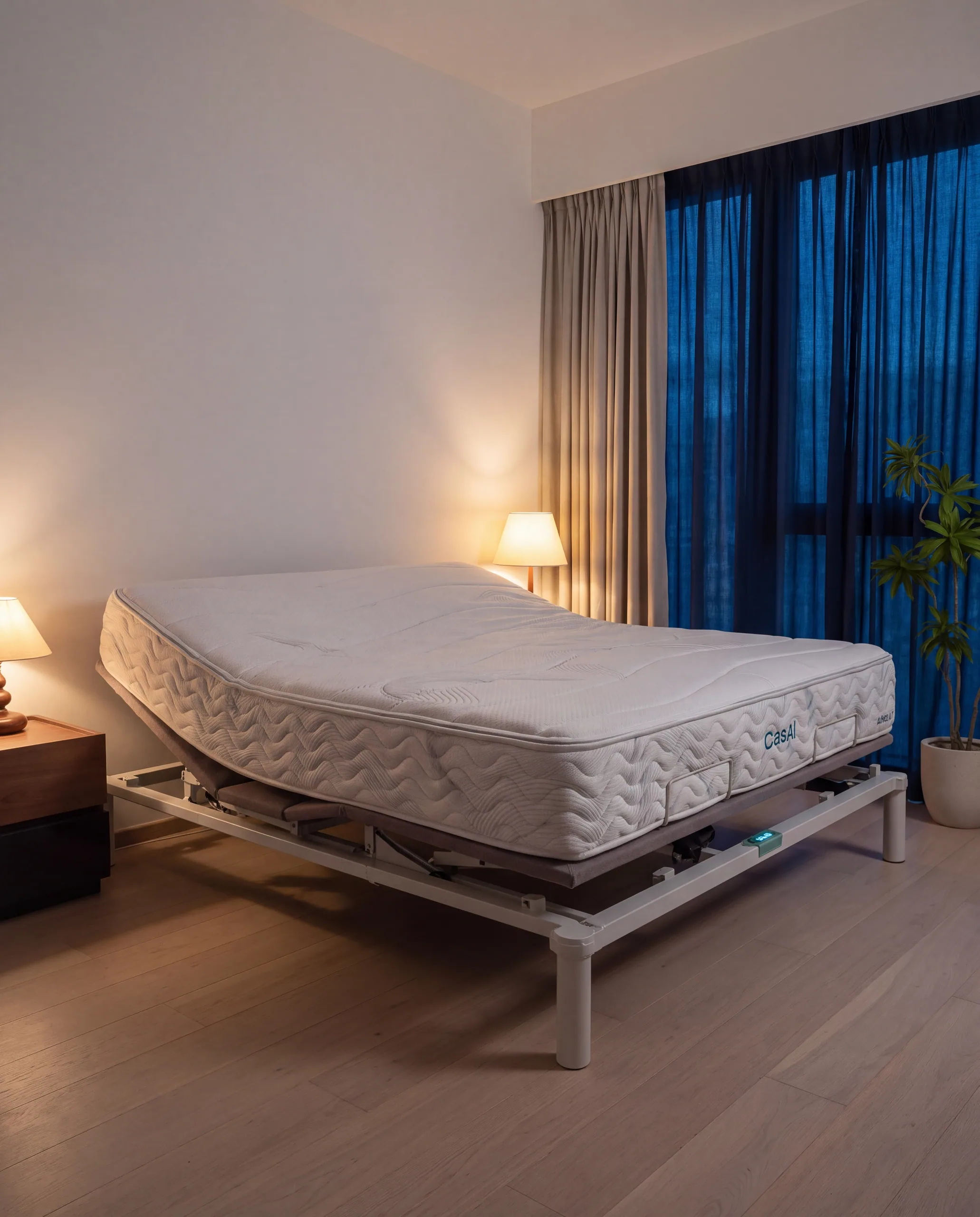 The Elevate base with the AI Pro XII on it, head section raised, in a bedroom at night with one lamp lit.