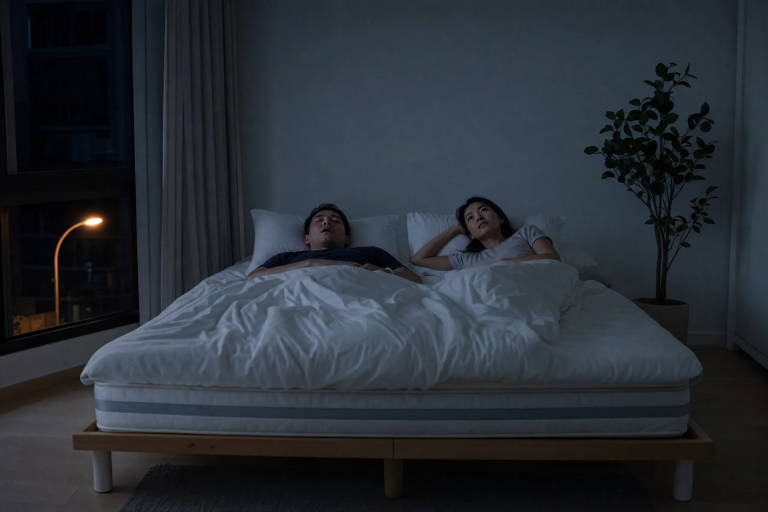 A dark bedroom lit by a street lamp; a man asleep on his back and his partner awake beside him, propped on one elbow. (illustration)