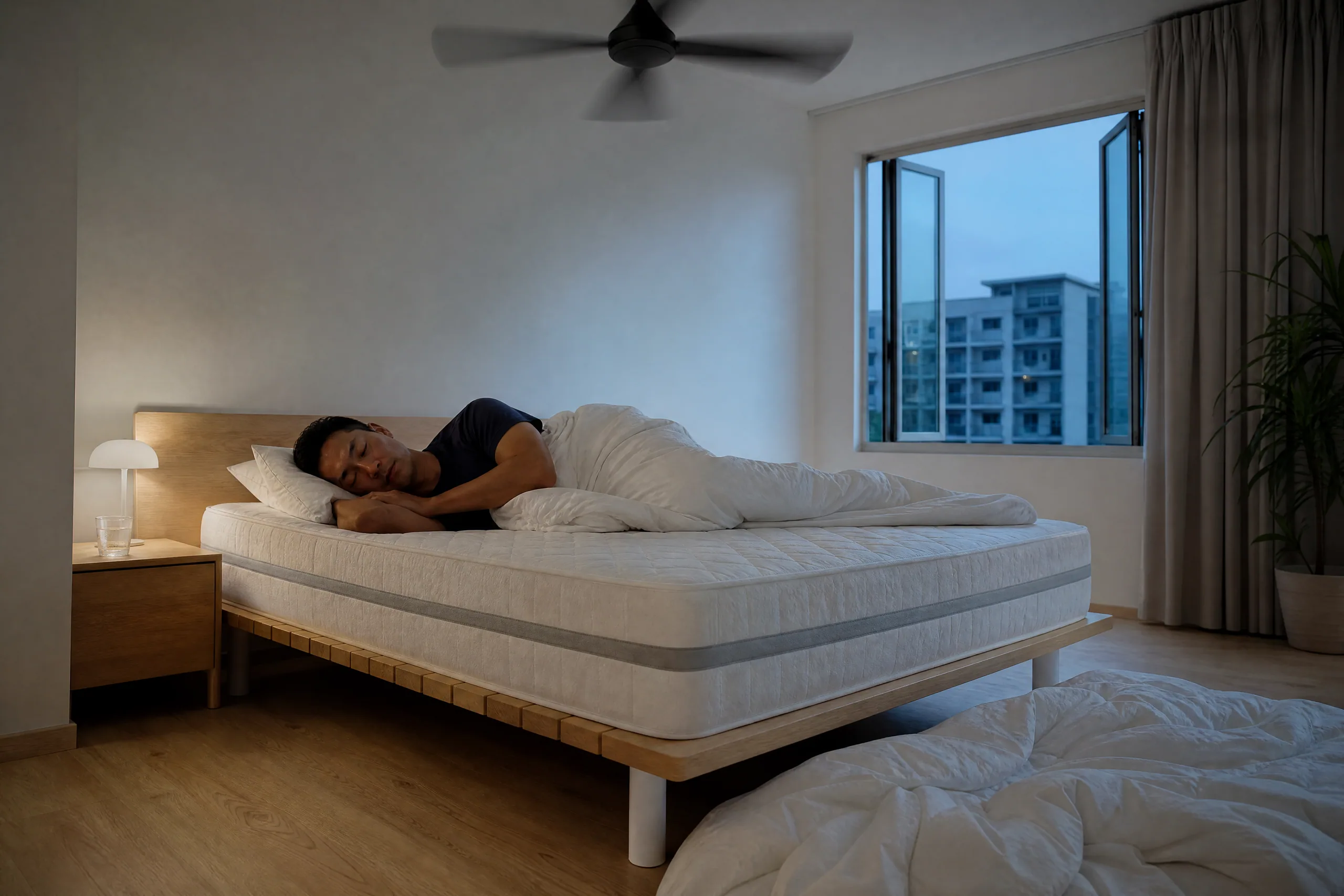 A man asleep on top of the sheets with the duvet kicked off, a ceiling fan above and a glass of water on the nightstand. (illustration)