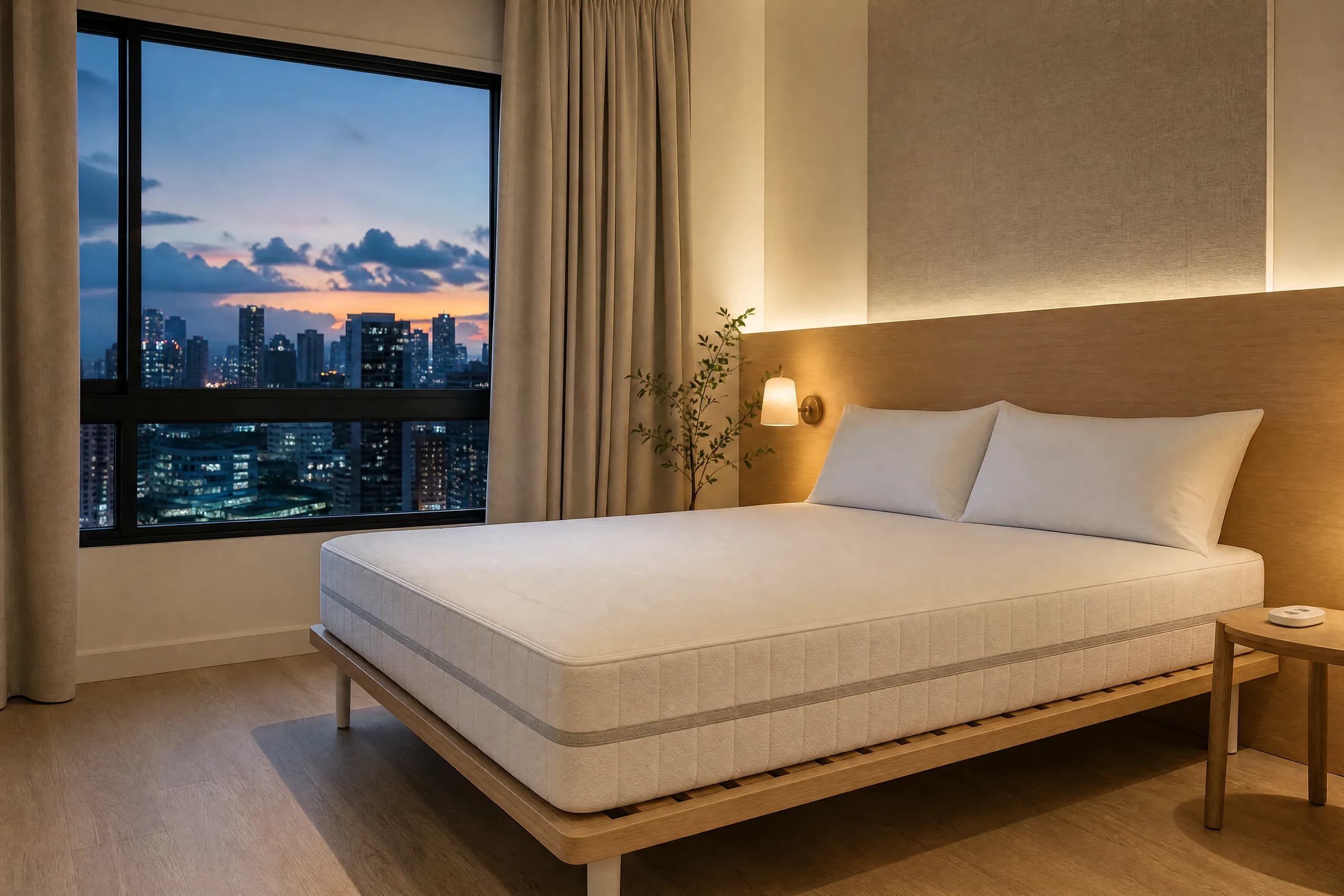An empty boutique hotel room with a tightly made white bed, a small bedside remote, and the city at dusk through the window. (illustration)