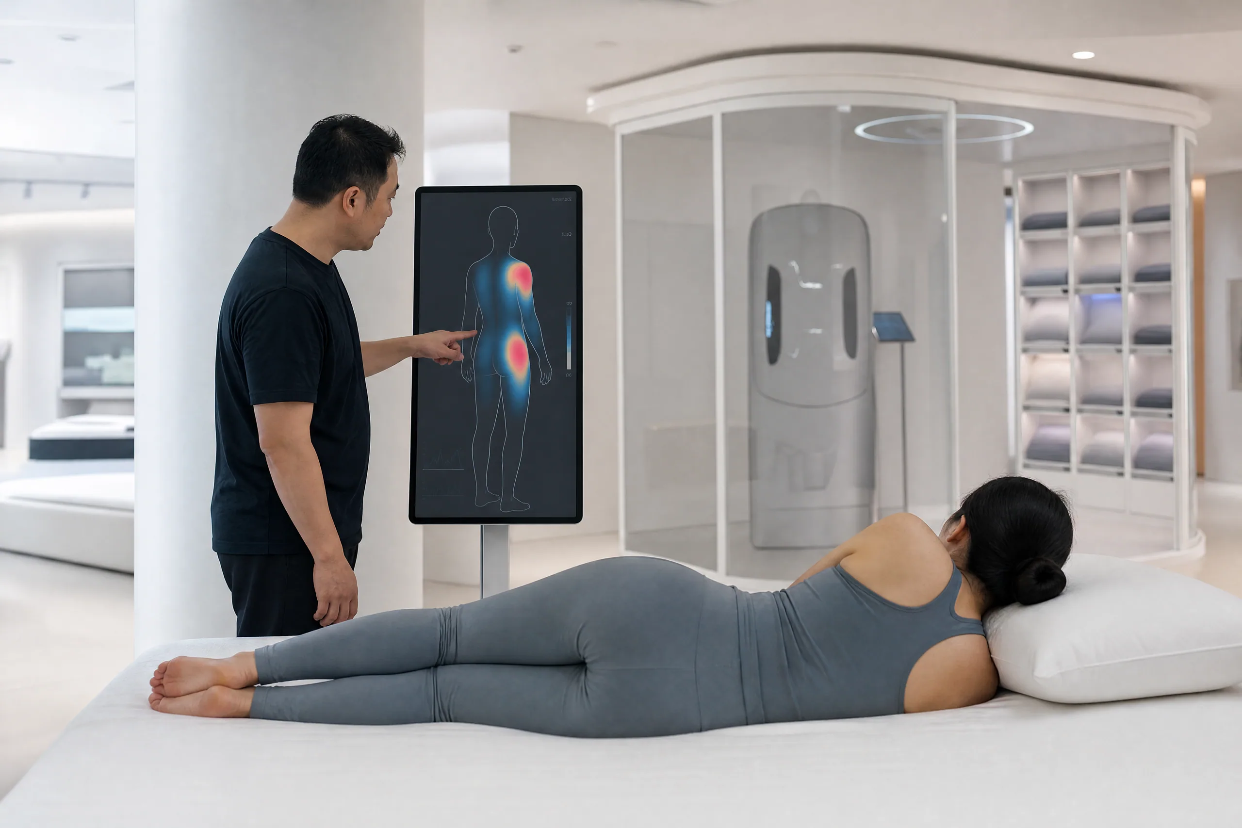 A person lying on their side on a trial bed in the showroom while a display beside them shows a pressure map of their body; a staff member points at the screen.