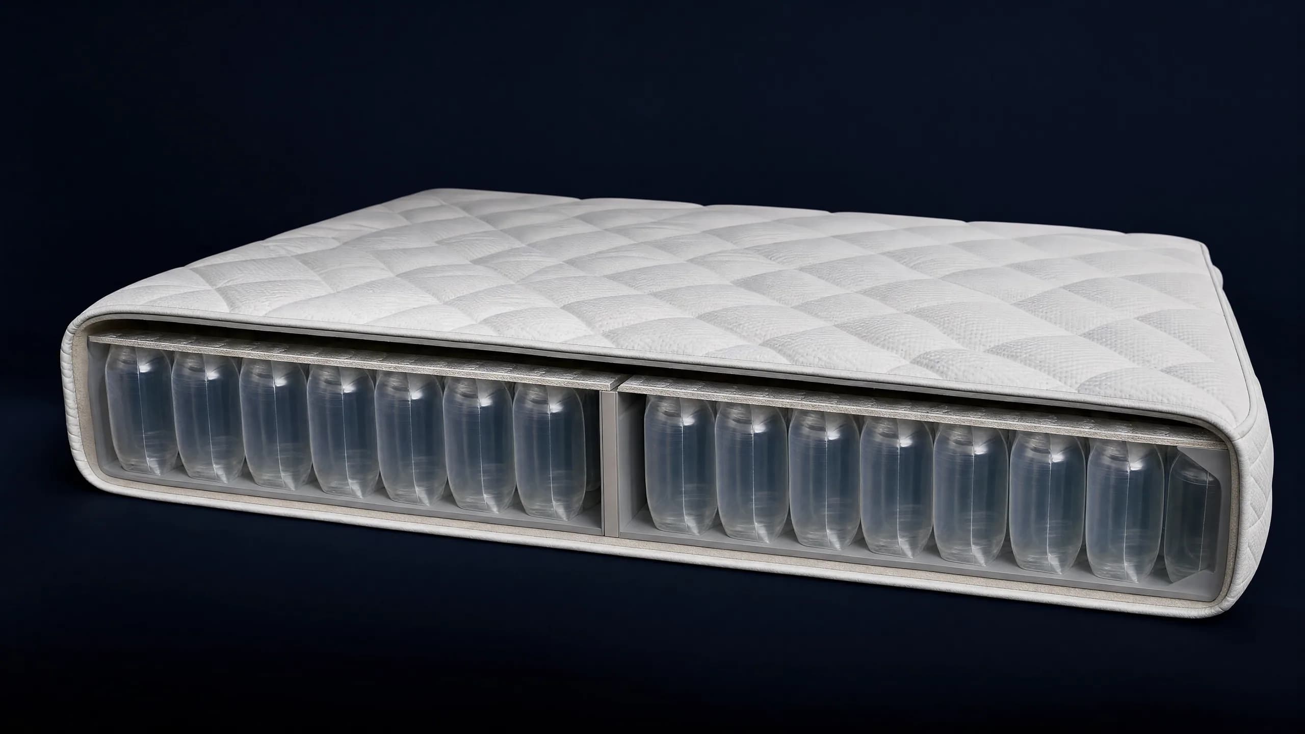 A technical cutaway of a white mattress with one edge opened to show twelve translucent air chambers in two groups of six.