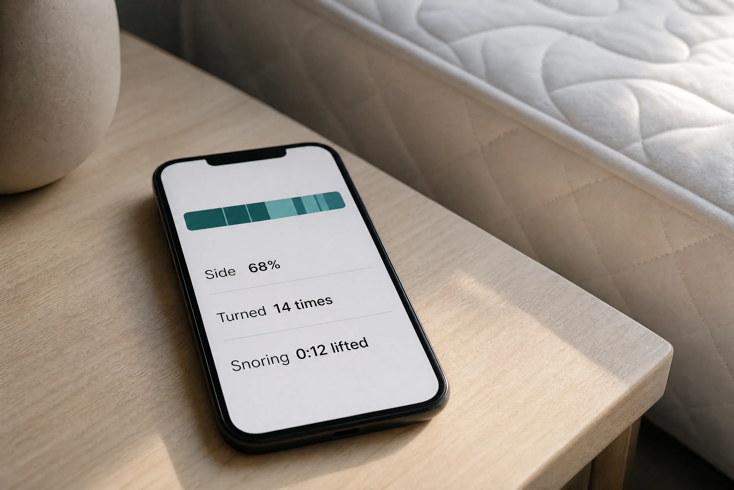A phone on a bedside table showing a sleep report: a night timeline, side 68%, turned 14 times, snoring lifted for 12 minutes. (illustration)