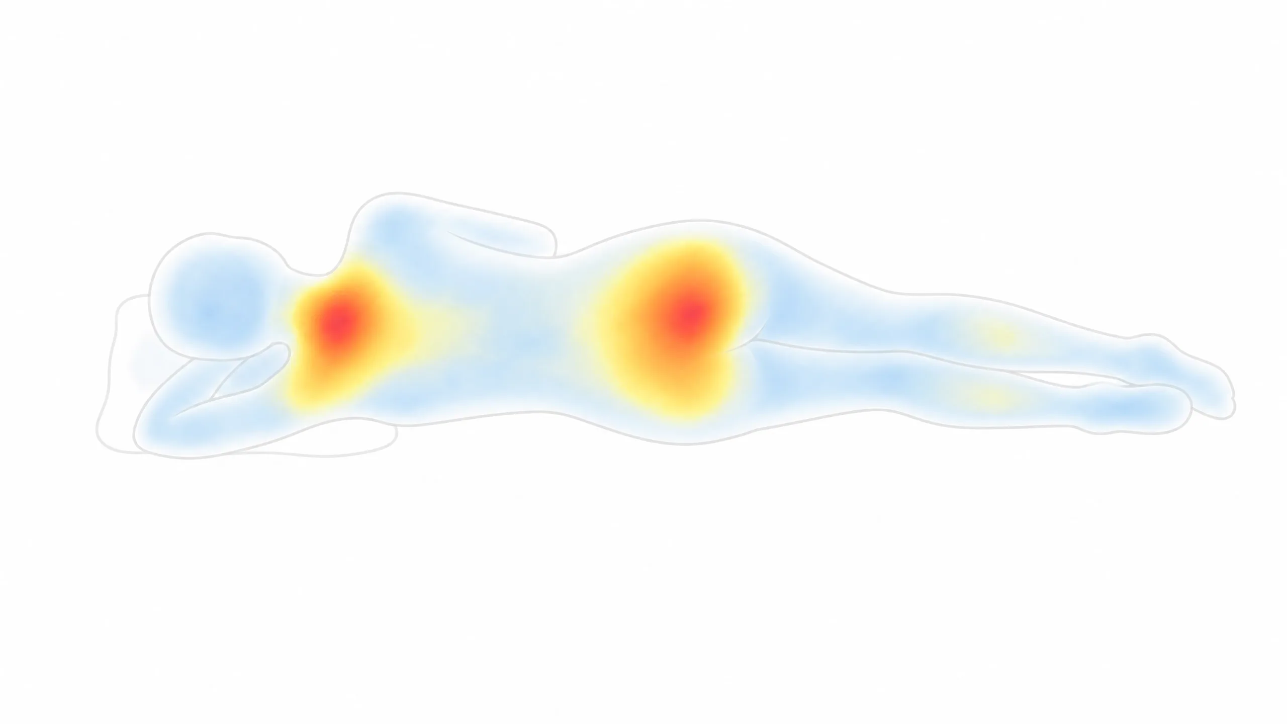 A pressure map of a side sleeper seen from above, red at the shoulder and hip fading to blue. (illustration)