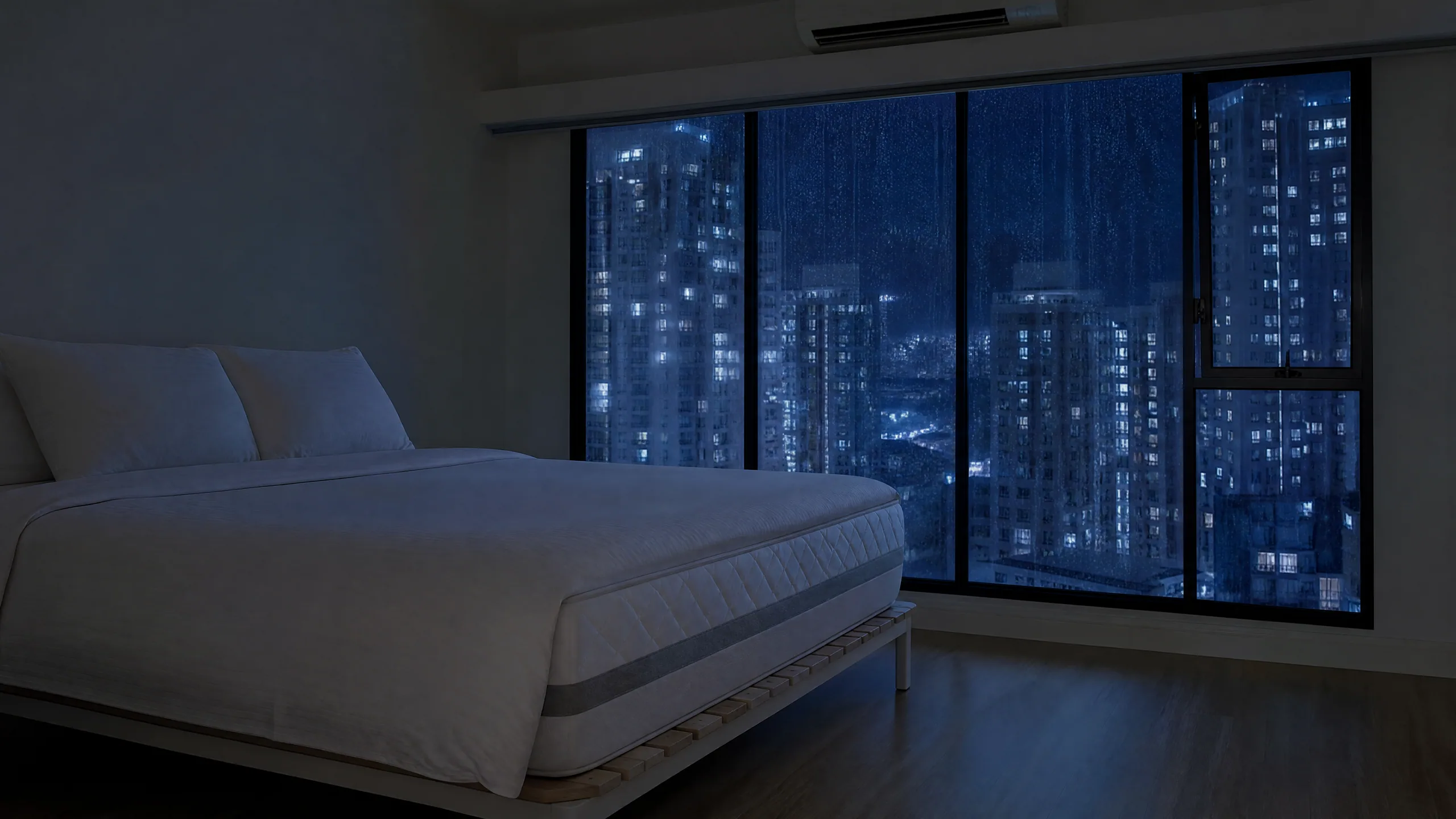 Rain on a condo window at night with a made bed in white linen in the foreground. (illustration)