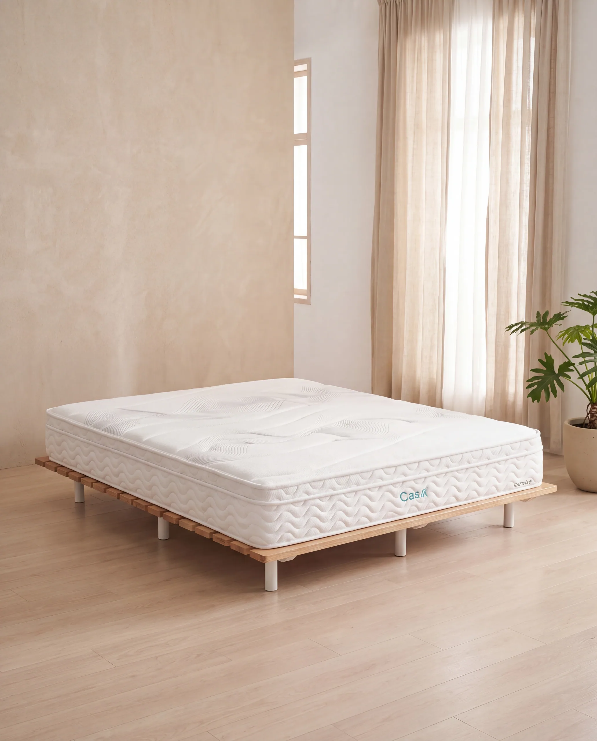 The AirPulse mattress, bare, on a low timber base.