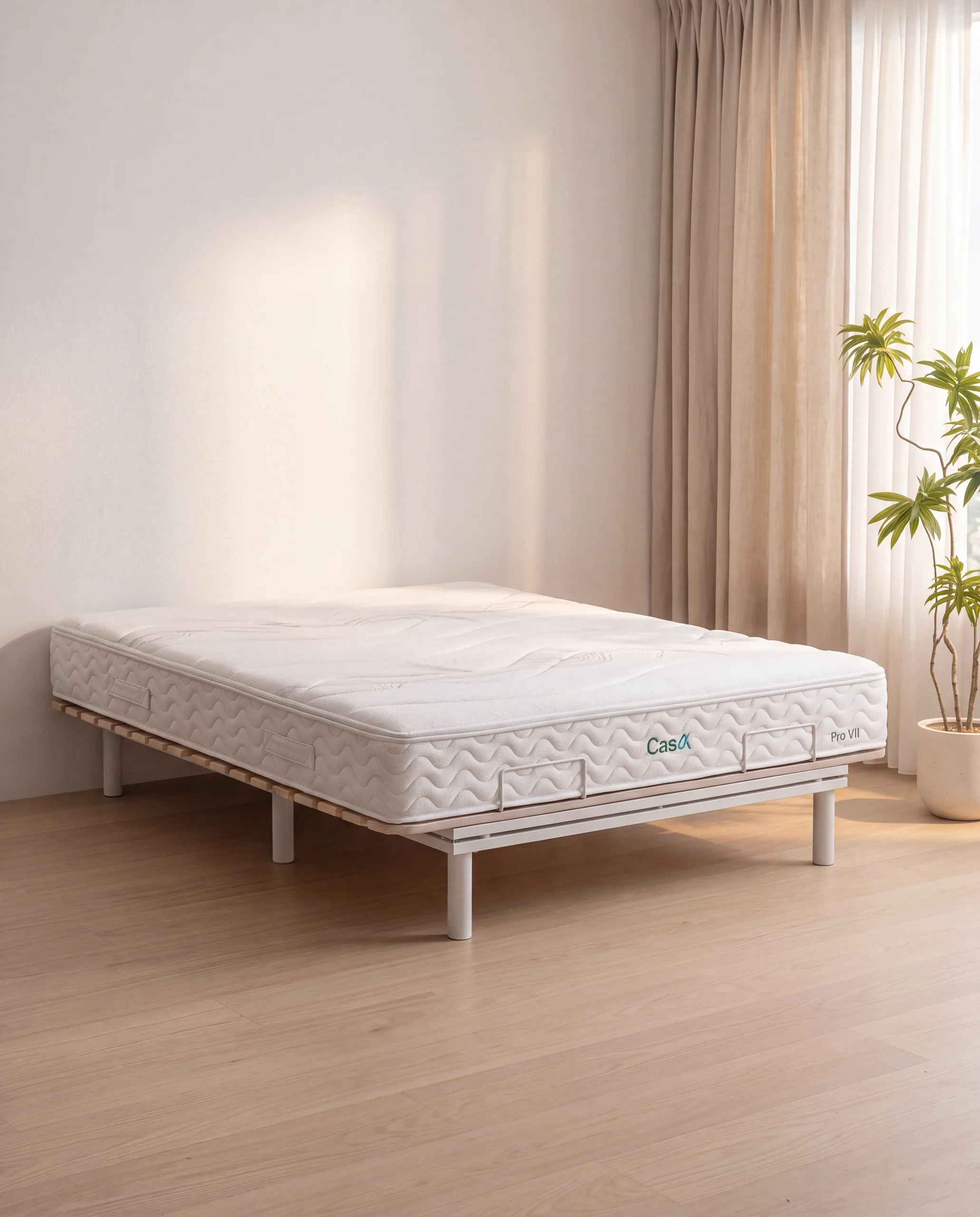 The Pro VII spring mattress, bare, on a low timber base.