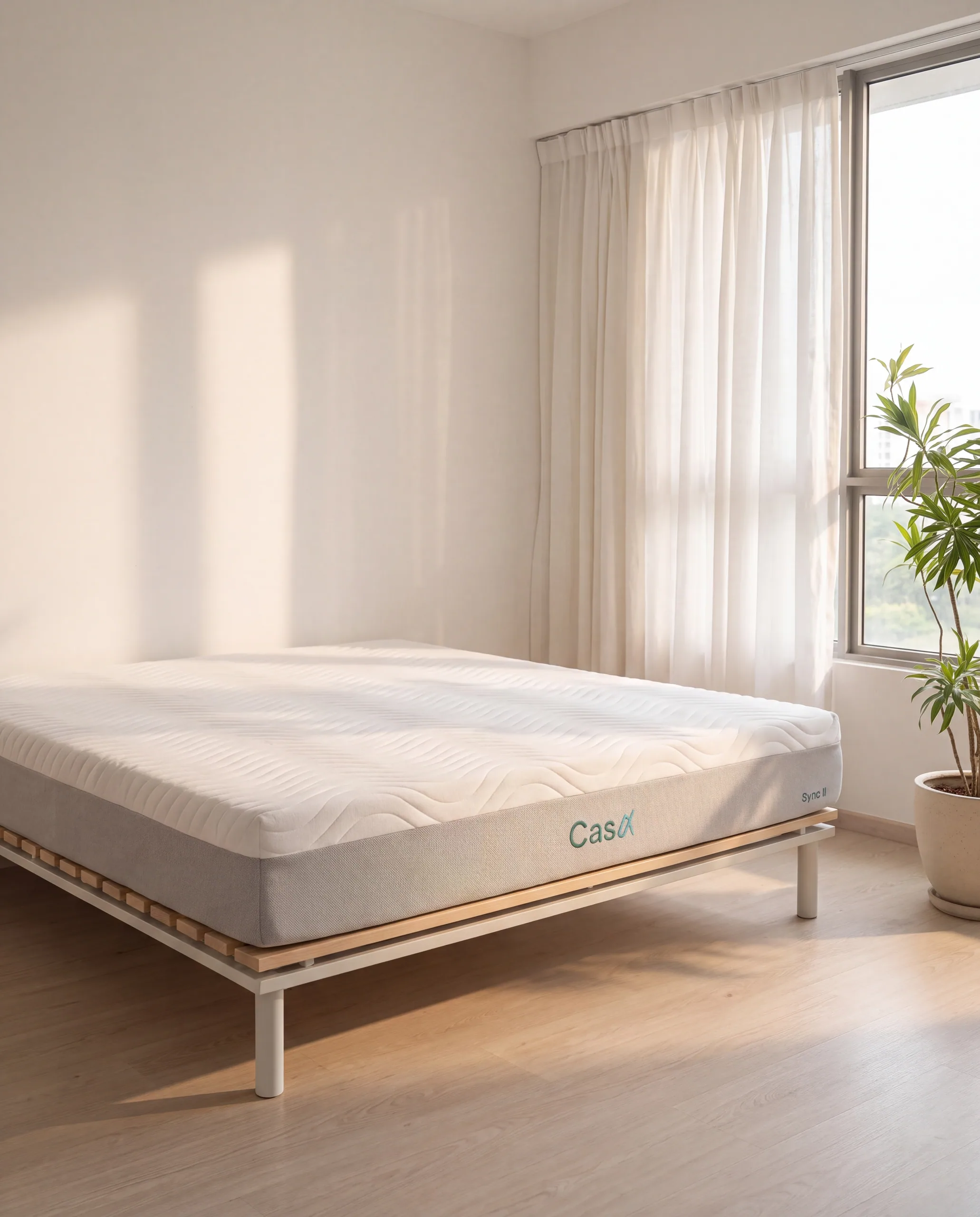 The Sync II mattress, bare, on a low timber base.