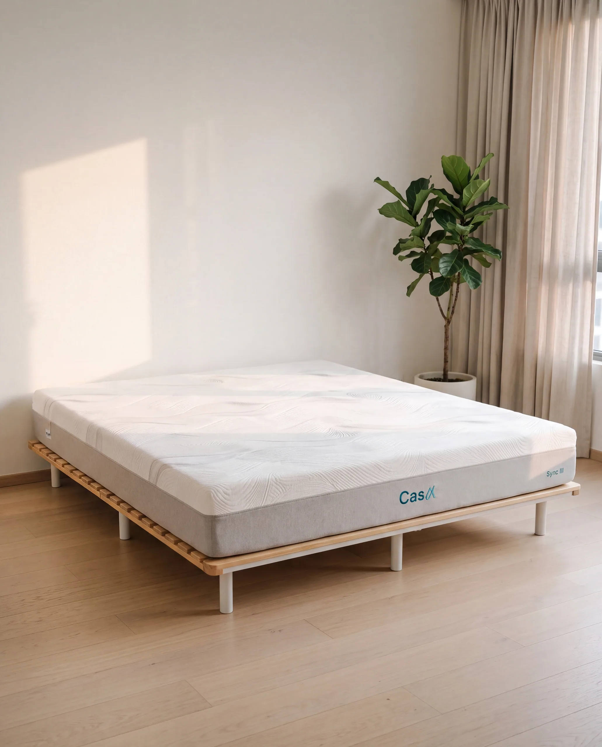 The Sync III mattress, bare, on a low timber base.