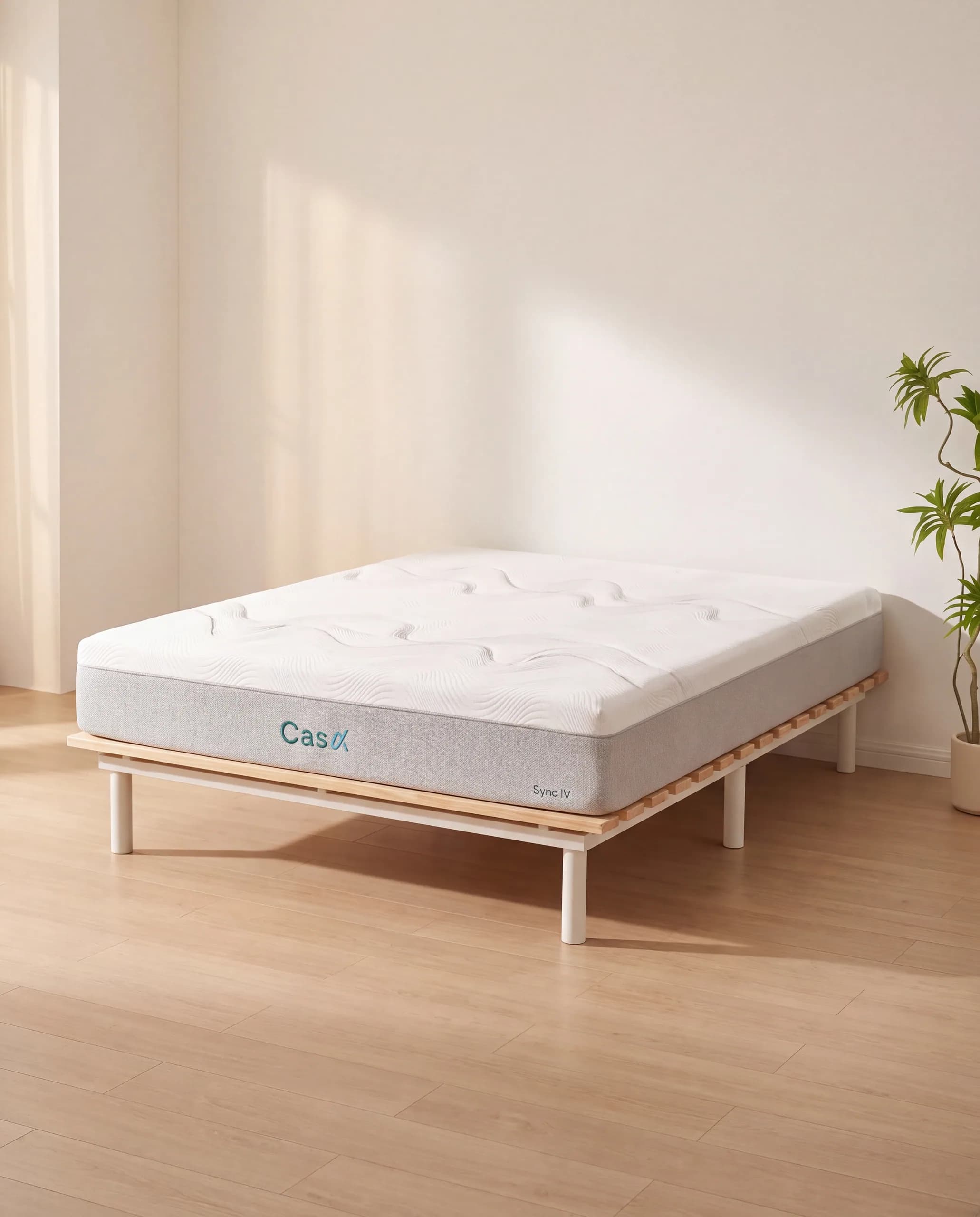 The Sync IV mattress, bare, on a low timber base.