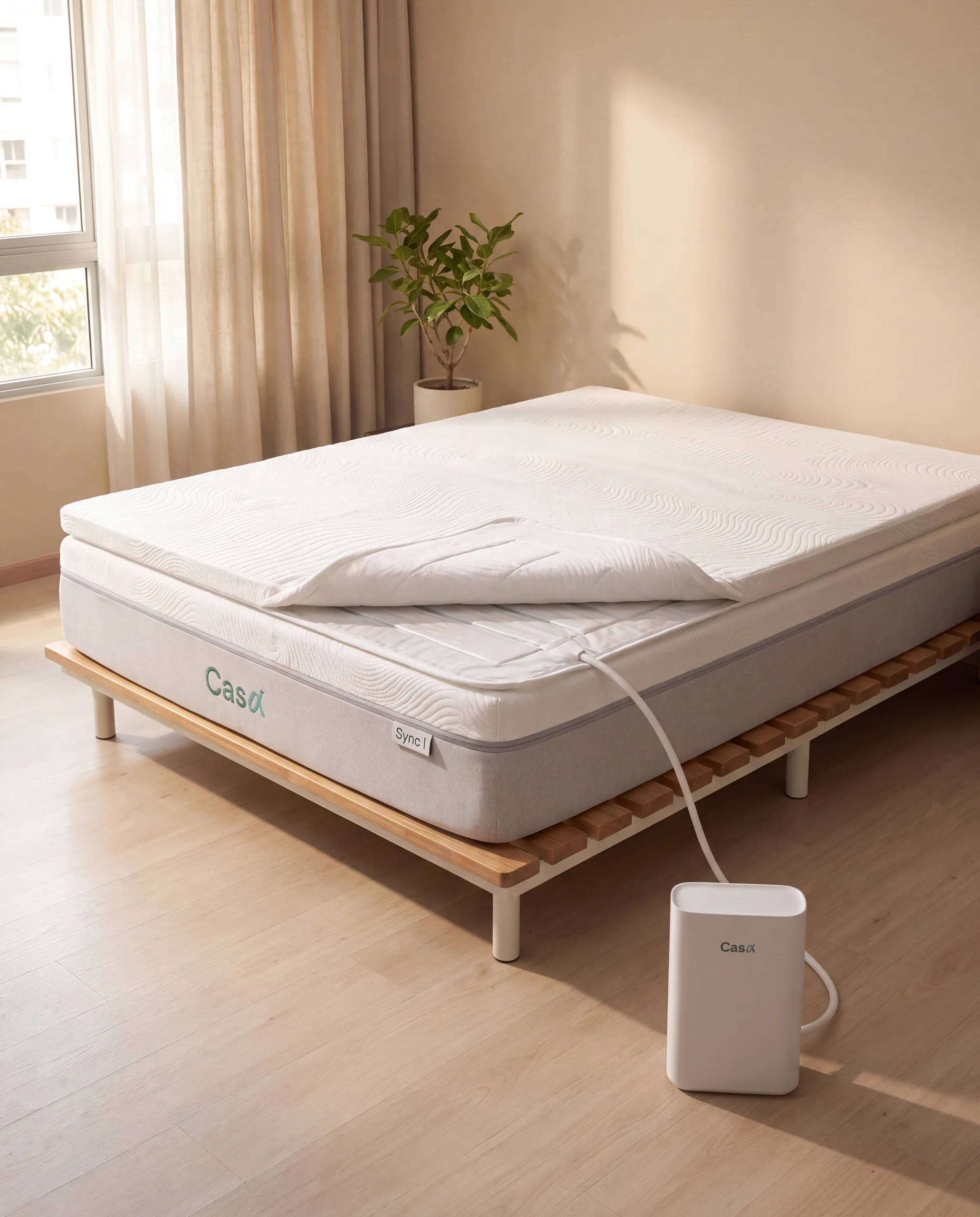 The ThermoTop AI topper on a mattress, its water unit on the floor beside the bed.