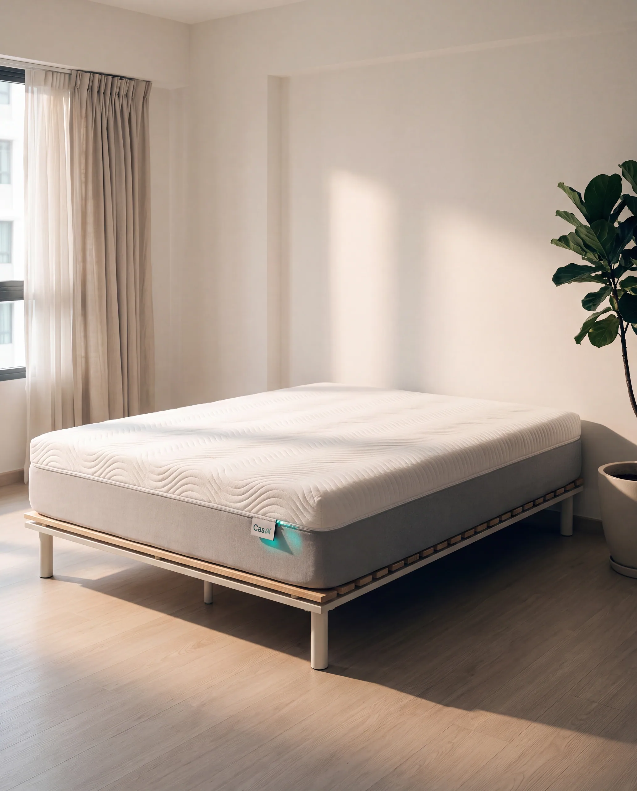 The Sync I mattress, bare, on a low timber base.