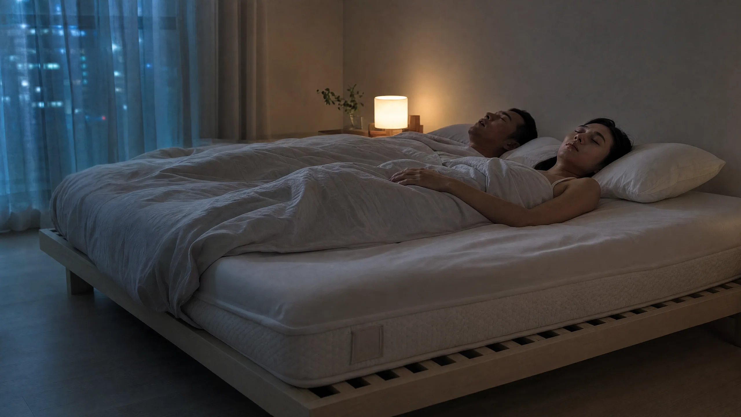A couple asleep at night under a light duvet on the CasAI AI Pro XII, one warm lamp on his side and the city through the curtain; the mattress band and label show at the near edge.